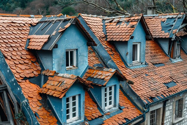 Photo old damaged roof with blue walls and red tiles