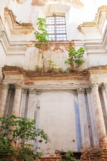 Old destroyed church Ruins of catholic Church Old dilapidated building with red brick columns Historical value 18th century Lyskovo Belarus