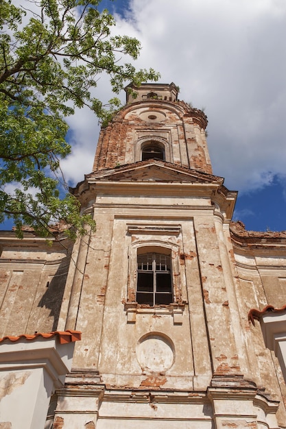 Old destroyed church Ruins of the Church Bell tower of the destroyed old church Historical value 18th century Lyskovo Belarus