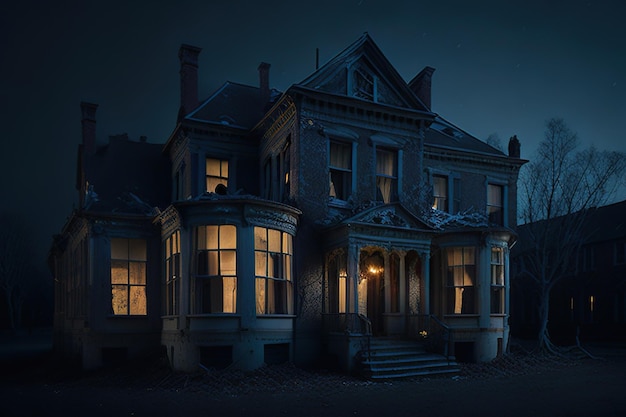 old and dilapidated mansion with windows illuminated by lights