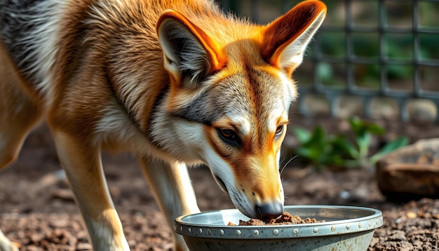 Photo an old dingo canis familiaris eating from the bowl in the enclosure close up shot of australian