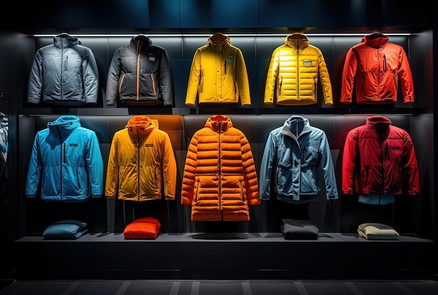 an old display of outdoor jackets in a store in the style of colorful palette