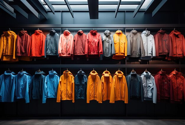 an old display of outdoor jackets in a store in the style of colorful palette