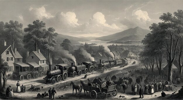 an old drawing of a train with a horse and carriage