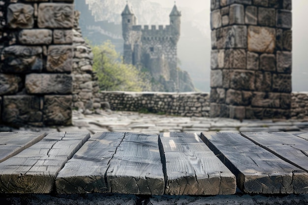 Photo old empty table in front of ancient stone tower ideal for displaying products