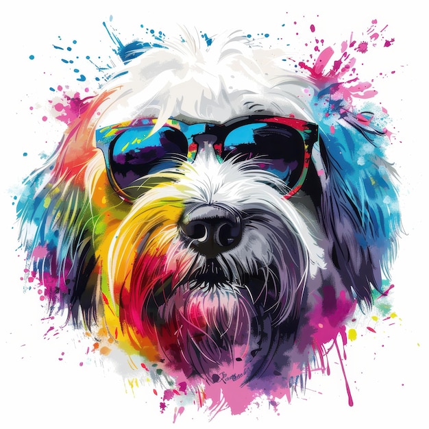 Old English Sheepdog dog wearing sunglasses in colorful pop art style