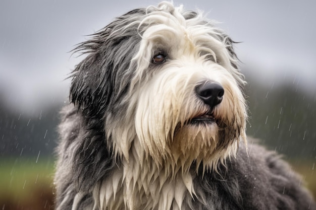 old english sheepdog in rain outdoor