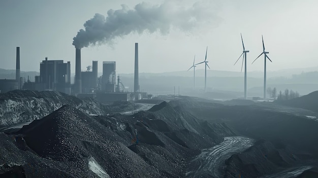 Photo old factories are silhouetted against wind turbines highlighting the shift from coal mining to renewable energy sources generative ai