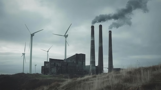 Photo old factories billow smoke while modern wind turbines stand tall illustrating the shift from coal to green energy sources generative ai