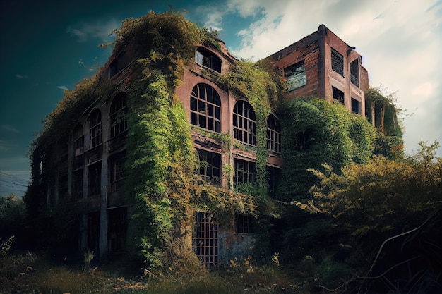 Old factory with broken windows and crumbling walls surrounded by overgrown vegetation