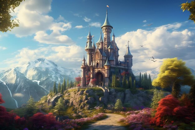 An Old Fairytale Castle on a Hill Fantasy Illustration Generative Ai