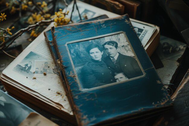 Old family album with vintage sepia style photo