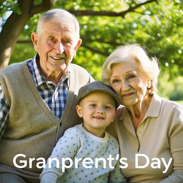 Photo an old family photo with a happy grandparents and a boy