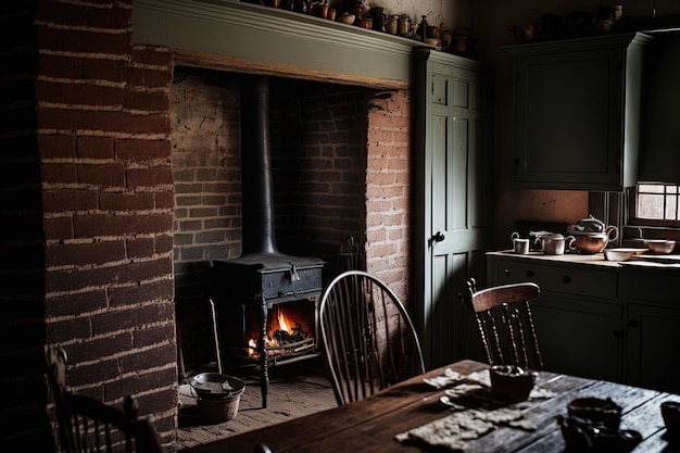 Old farmhouse interior a fireplace and kitchen are seen in an old home