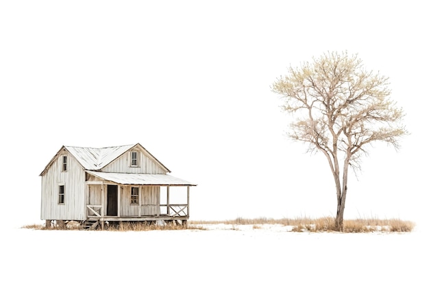 Old Farmhouse in a Snowy Field with a Bare Tree