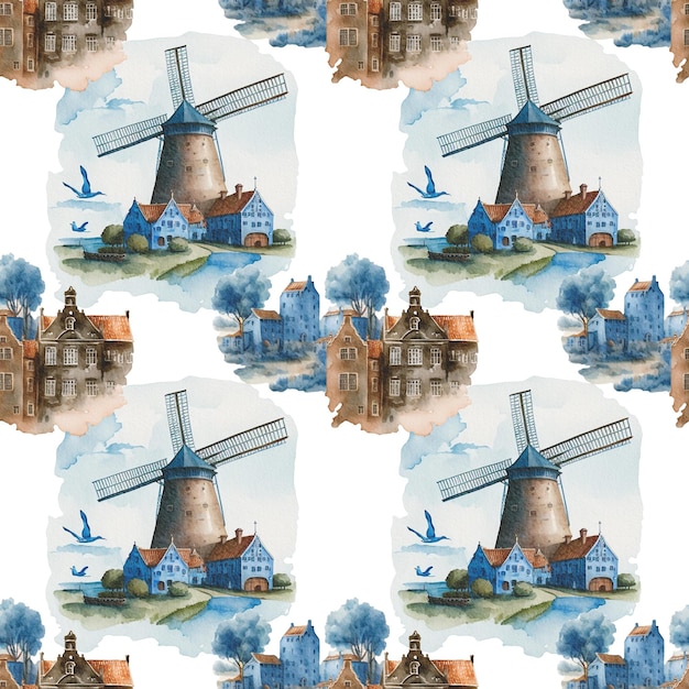 Old fashion hand-drawn rustic pattern with retro city view. Old holland windmill.