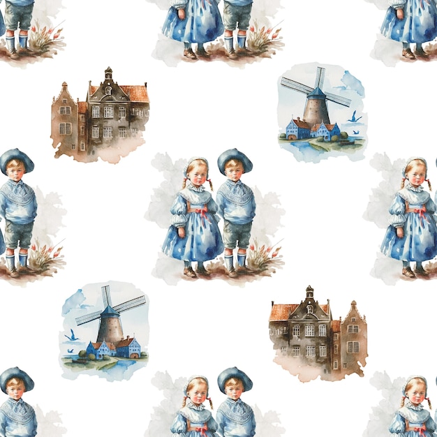 Old fashion hand-drawn rustic pattern with retro wearing holland kids. Old city pattern