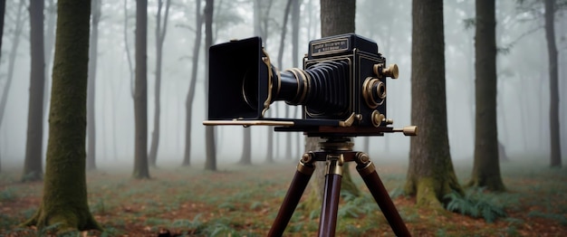 An old fashioned bellows camera on a tripod in a misty forest setting