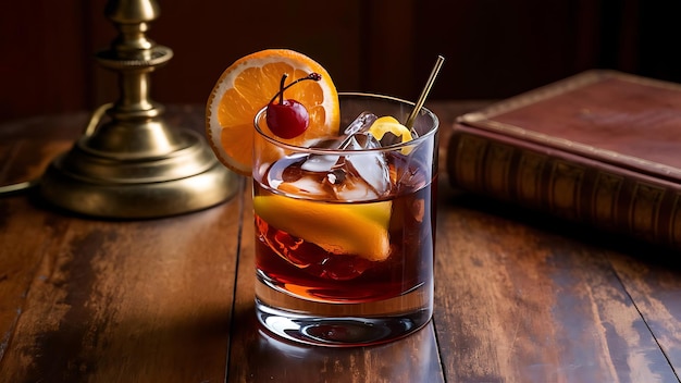 Old fashioned cocktail with orange and cherry on wooden table