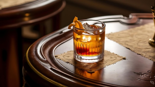 Old fashioned cocktail with orange and cherry on wooden table