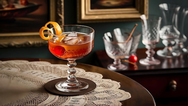 Old fashioned cocktail with orange and cherry on wooden table