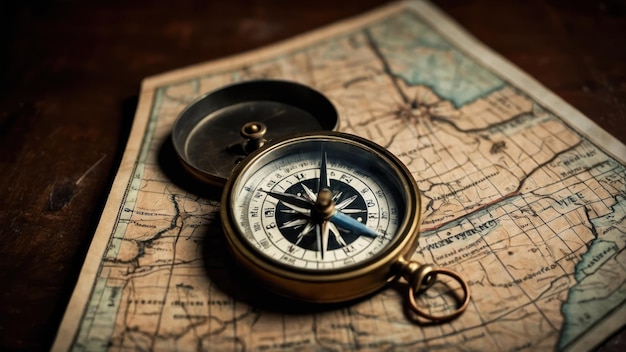 An old fashioned compass and a candle on a vintage map symbolizing exploration and adventure