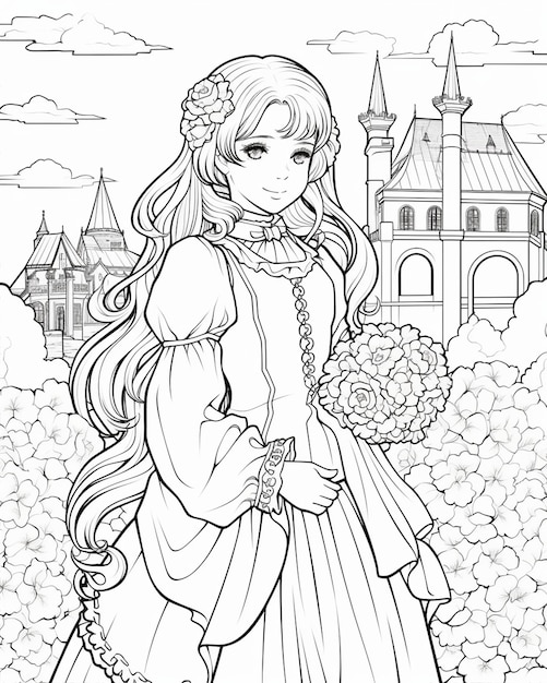 Photo old fashioned girl coloring page