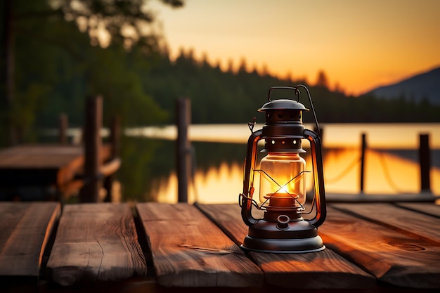 Old fashioned lantern illuminates rustic wooden table outdoors generated