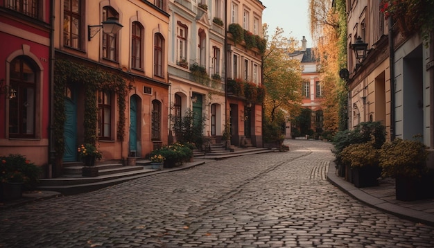 Old fashioned lanterns illuminate narrow cobblestone streets in an ancient European city generated by AI