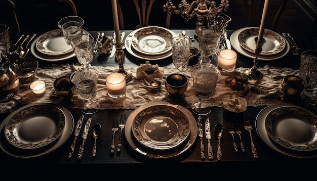 An old fashioned still life candlelight crockery and antique silverware generated by AI