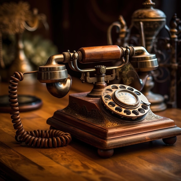 An old fashioned telephone is on a desk with other objects.