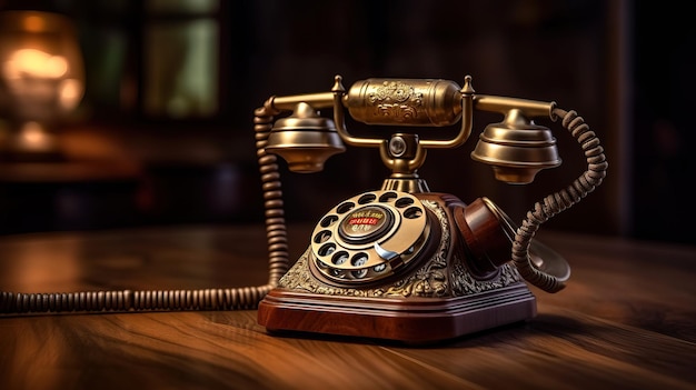 An old fashioned telephone on a wooden table