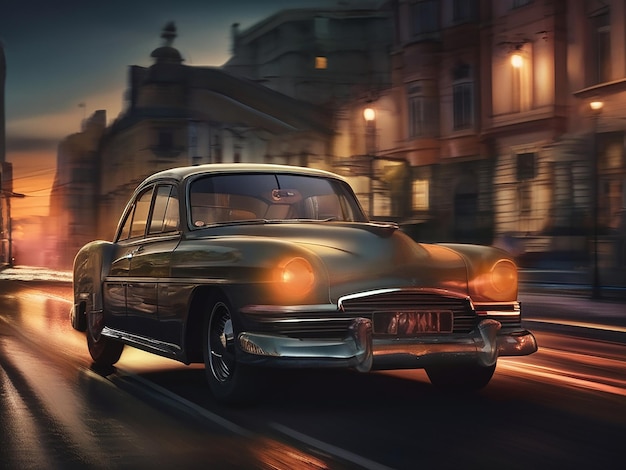 Old fashioned vintage car driving through the city at dusk illuminated headlights