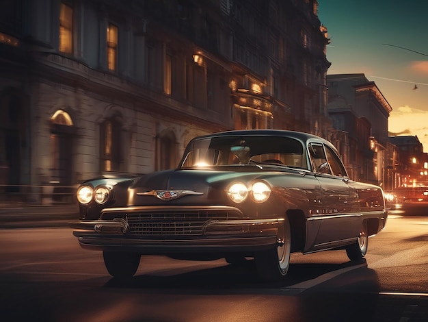 Old fashioned vintage car driving through the city at dusk illuminated headlights