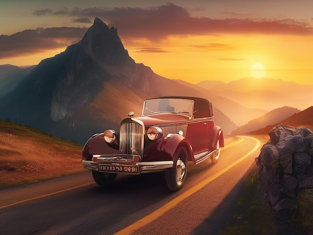 Old fashioned vintage car driving through the scenic mountain landscape at sunset