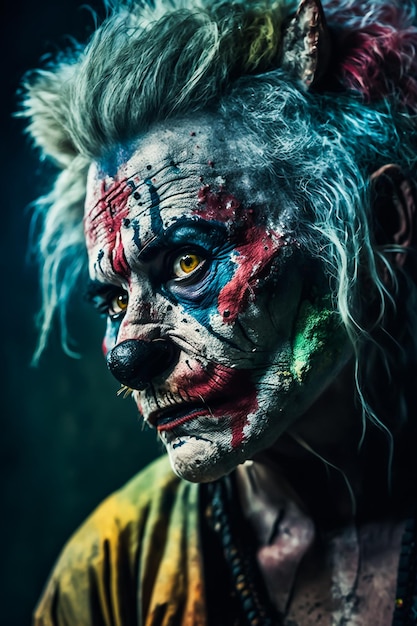 Old female Clown face and colorful makeup