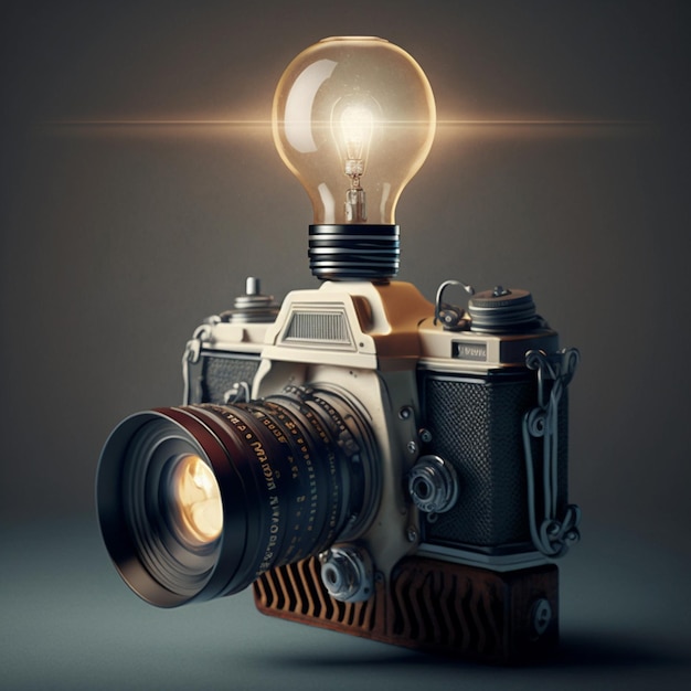 An old film camera and the light bulb above it as an idea for a picture