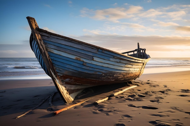 Old Fisherman Boat Isolated on a Sandy Beach at Early Morning