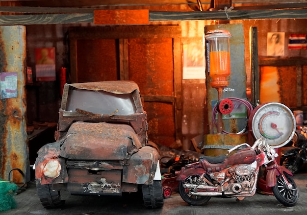 Old garage, old car, old motorcycle