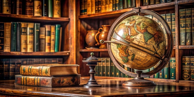 Photo old geographical globe and map and old book in cabinet science education travel background history and geography team ancience antique globe on the background