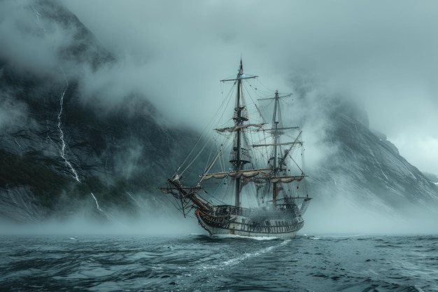 Old ghost ship sailing in a stormy sea