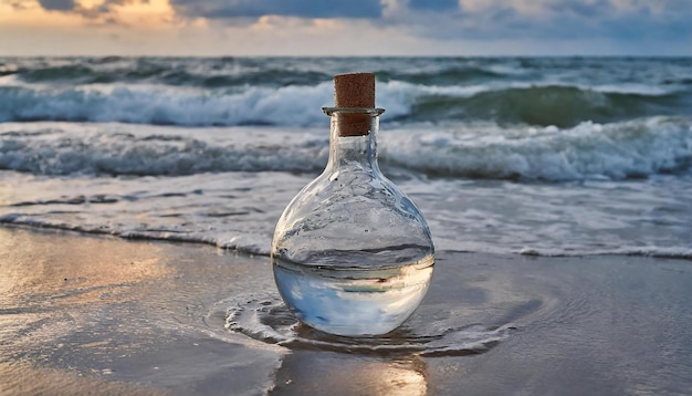 Old glass bottle in sand on sea shore Seascape with blue ocean water and sky with clouds