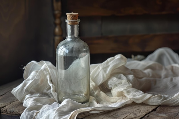 Old glass bottle with cork stopper resting on white cloth