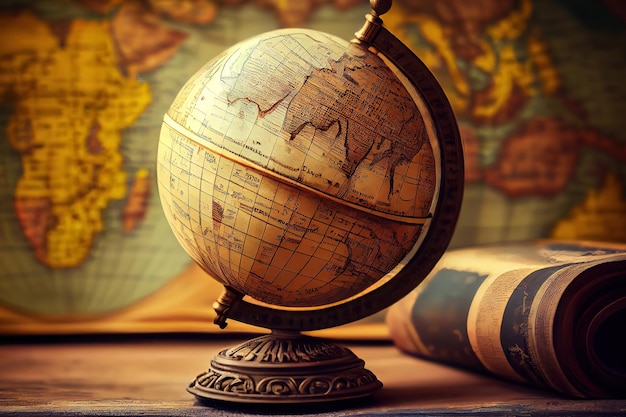 Old globe on vintage map background Selective focus Travel stories and Generative Ai