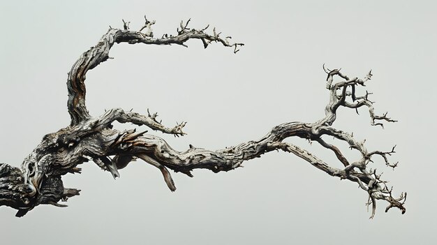 Photo an old gnarled tree branch with no leaves reaching out into the sky it is set against a pale gray ba