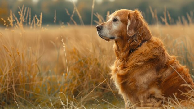 Photo old golden retriever dog in a field at sunset landscape ai generated image