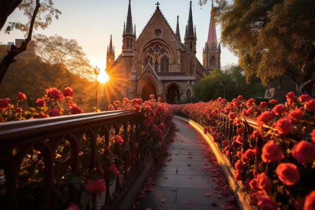 Old Gothic Church in Florid Garden bright stained glass generative IA