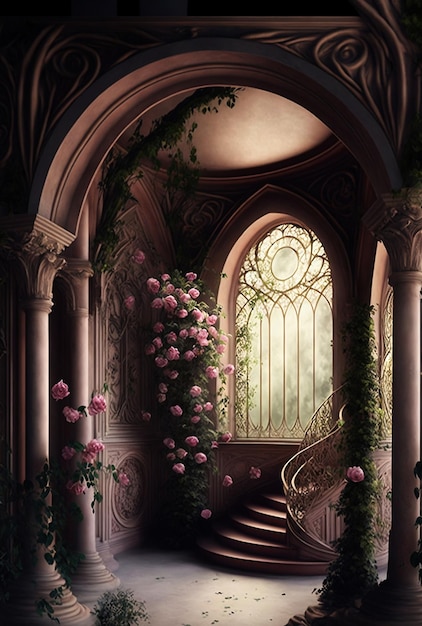 An old hall with pink rose bushes large windows and columns