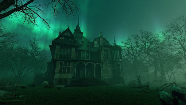 old haunted abandoned mansion in creepy night forest with cold fog atmosphere 3d rendering