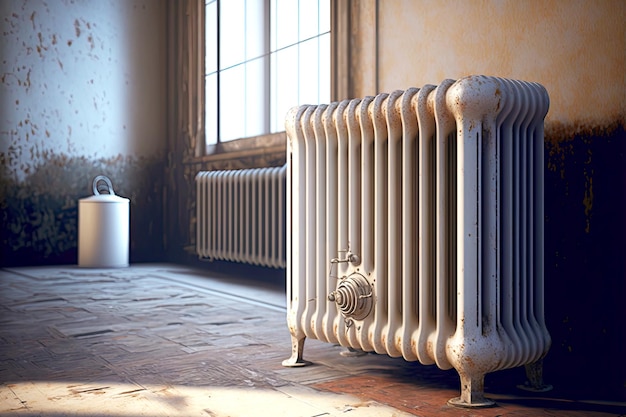 Old heating radiator near new white heating radiator in old room